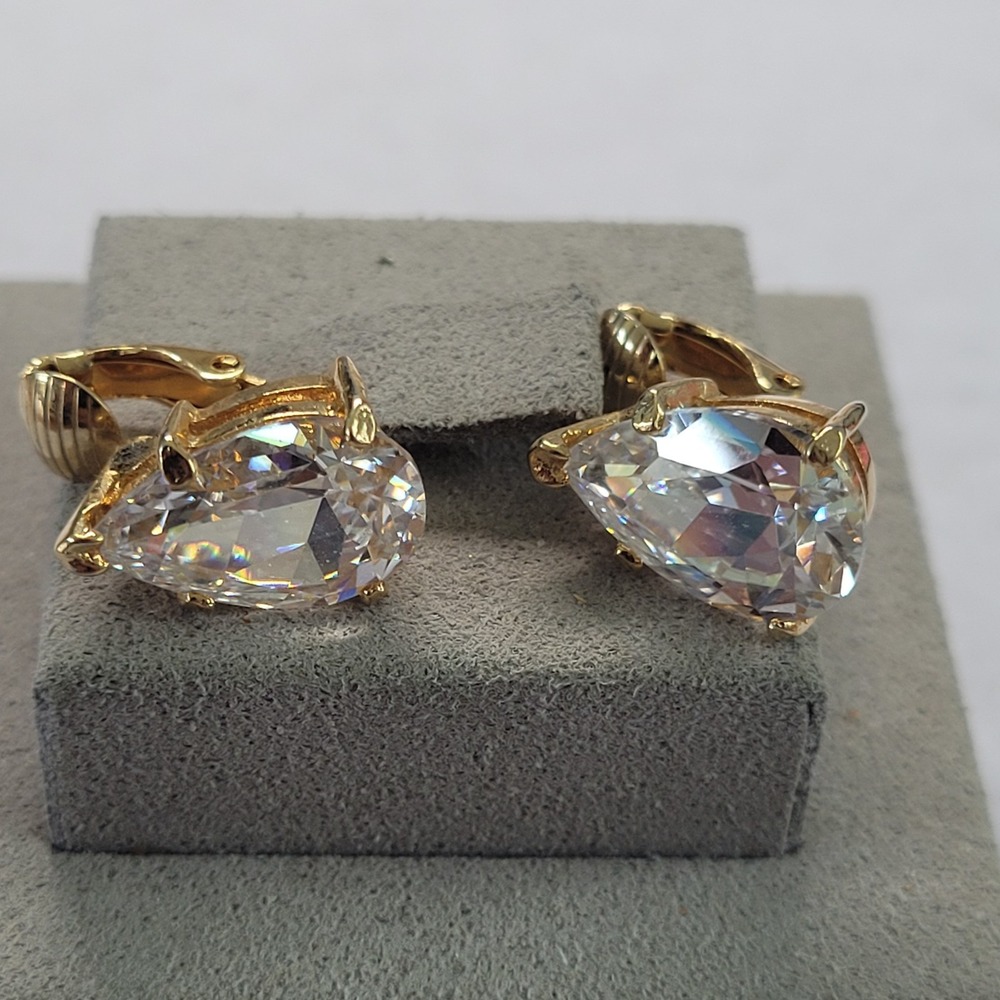 Faux Diamond Pear Cut Statement Clip On Earrings Gold Tone Vtg